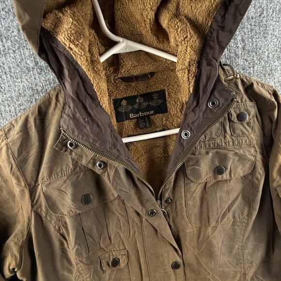 Barbour Winter Force Parka Fleece Lined USA Size 8 Waxed Jacket Women Brown - Picture 3 of 16